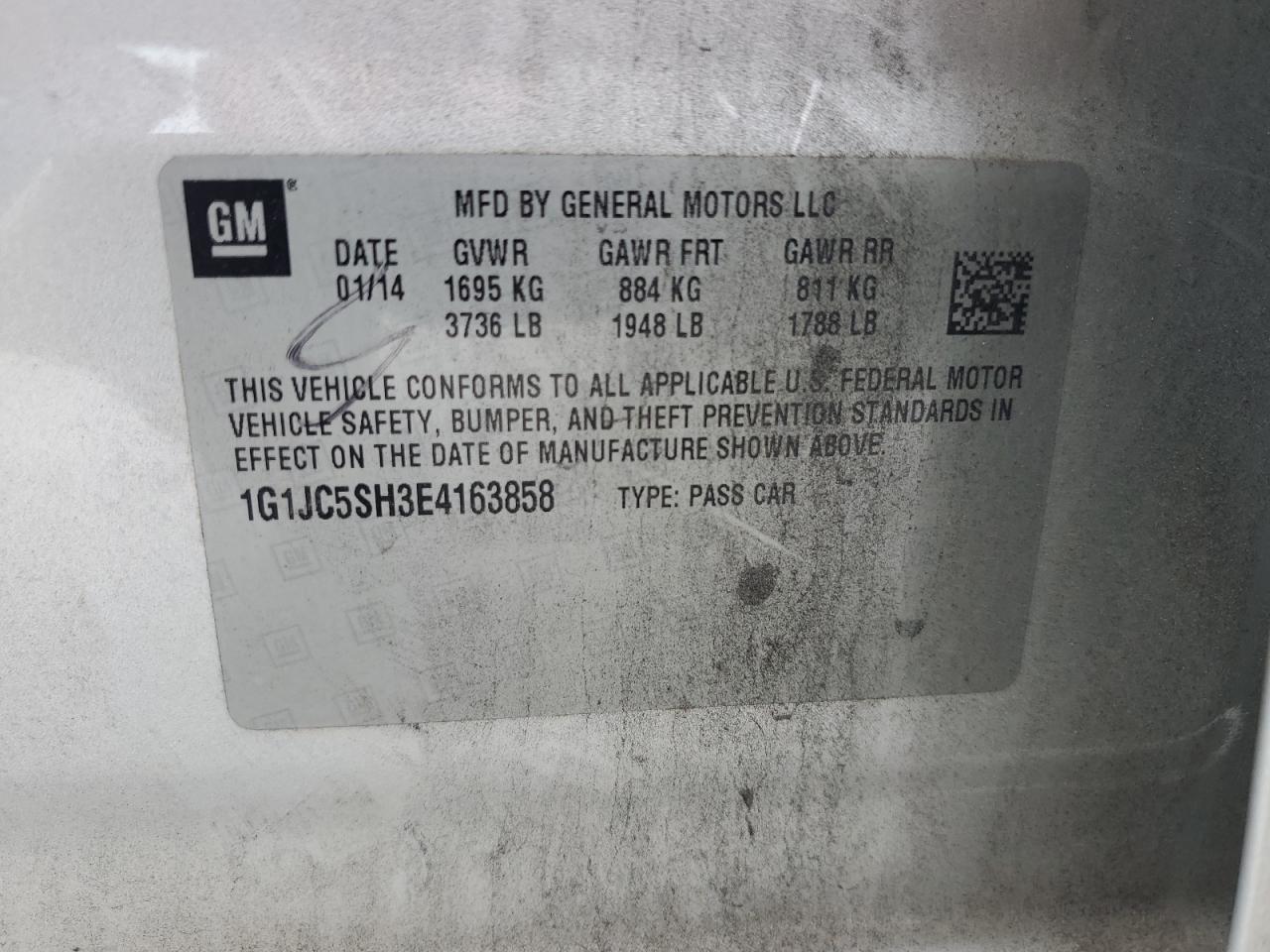 2014 Chevrolet Sonic Lt VIN: 1G1JC5SH3E4163858 Lot: 84651785