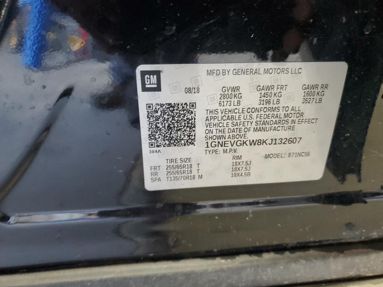 2019 Chevrolet Traverse Lt VIN: 1GNEVGKW8KJ132607 Lot: 84986635