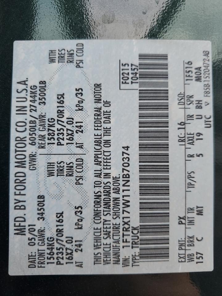 2001 Ford F150 VIN: 1FTRX17W11NB70374 Lot: 89612325