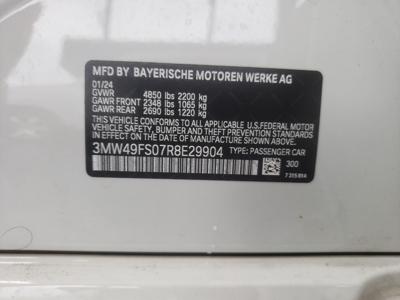 2024 BMW M340I VIN: 3MW49FS07R8E29904 Lot: 86119415