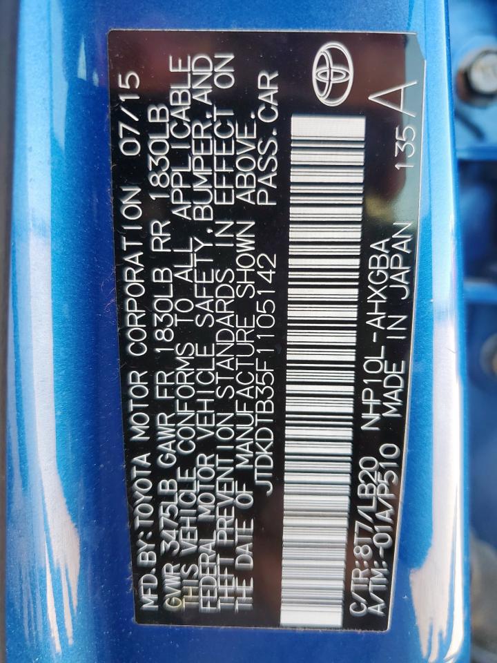 2015 Toyota Prius C VIN: JTDKDTB35F1105142 Lot: 90628085