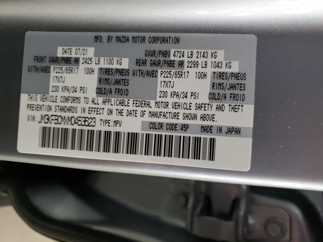 2021 Mazda Cx-5 Touring VIN: JM3KFBCMXM0453623 Lot: 90025385