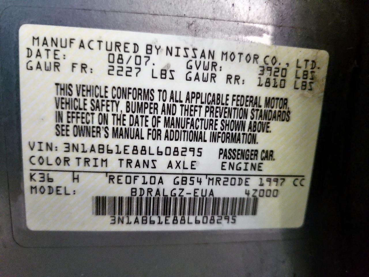 2008 Nissan Sentra 2.0 VIN: 3N1AB61E88L608295 Lot: 86149495