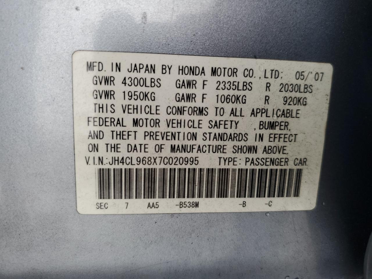 2007 Acura Tsx VIN: JH4CL968X7C020995 Lot: 86147035