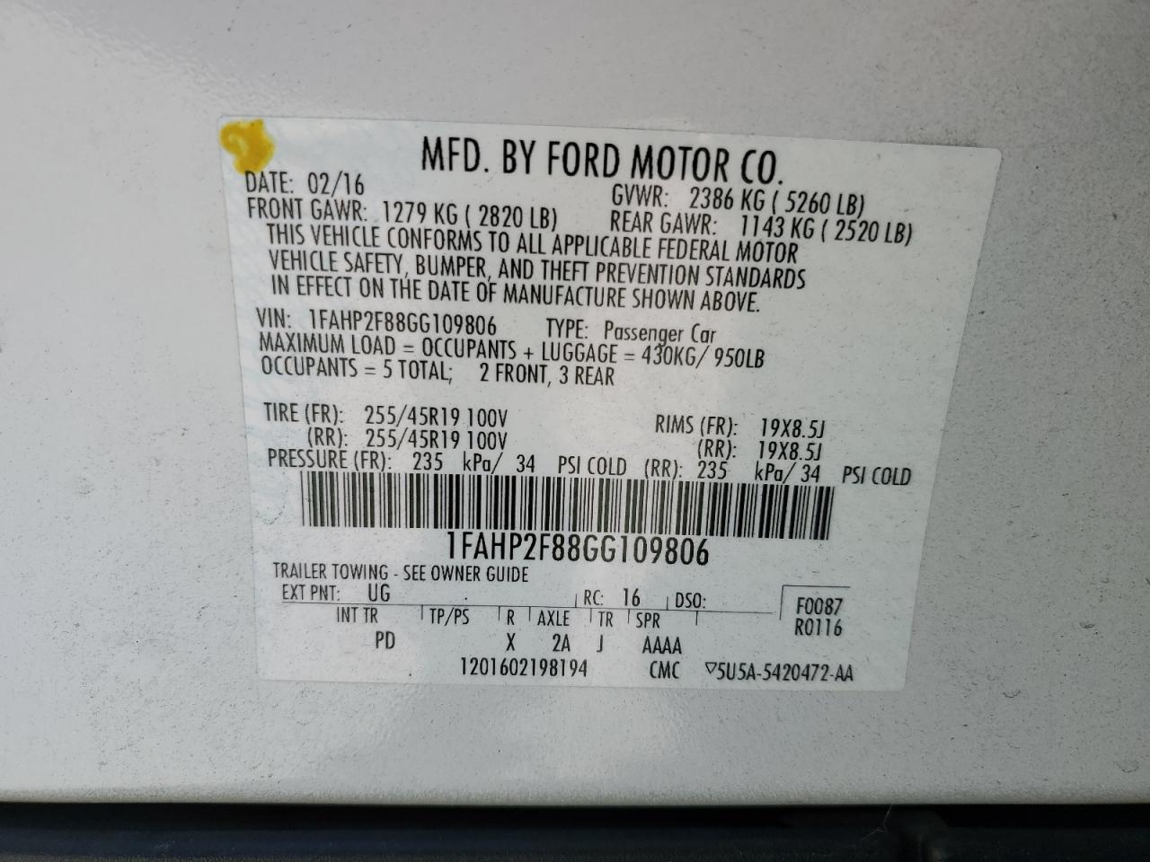 2016 Ford Taurus Limited VIN: 1FAHP2F88GG109806 Lot: 82650655