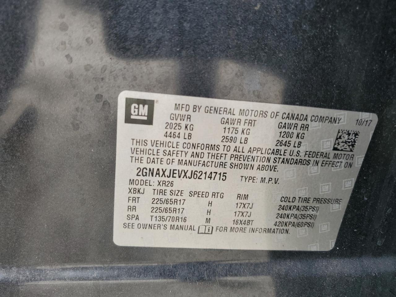 2018 Chevrolet Equinox Lt VIN: 2GNAXJEVXJ6214715 Lot: 85496035