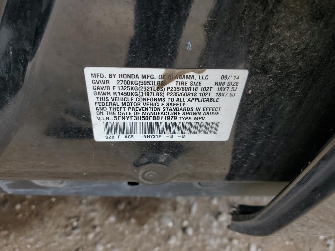 2015 Honda Pilot Exl VIN: 5FNYF3H50FB011979 Lot: 86450995