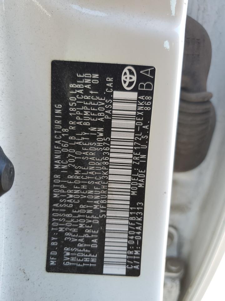 2019 Toyota Corolla L VIN: 5YFBURHE3KP863675 Lot: 85202985