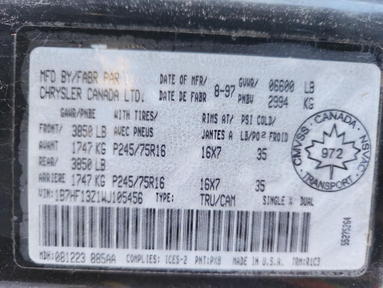 1998 Dodge Ram 1500 VIN: 1B7HF13Z1WJ105456 Lot: 87305285