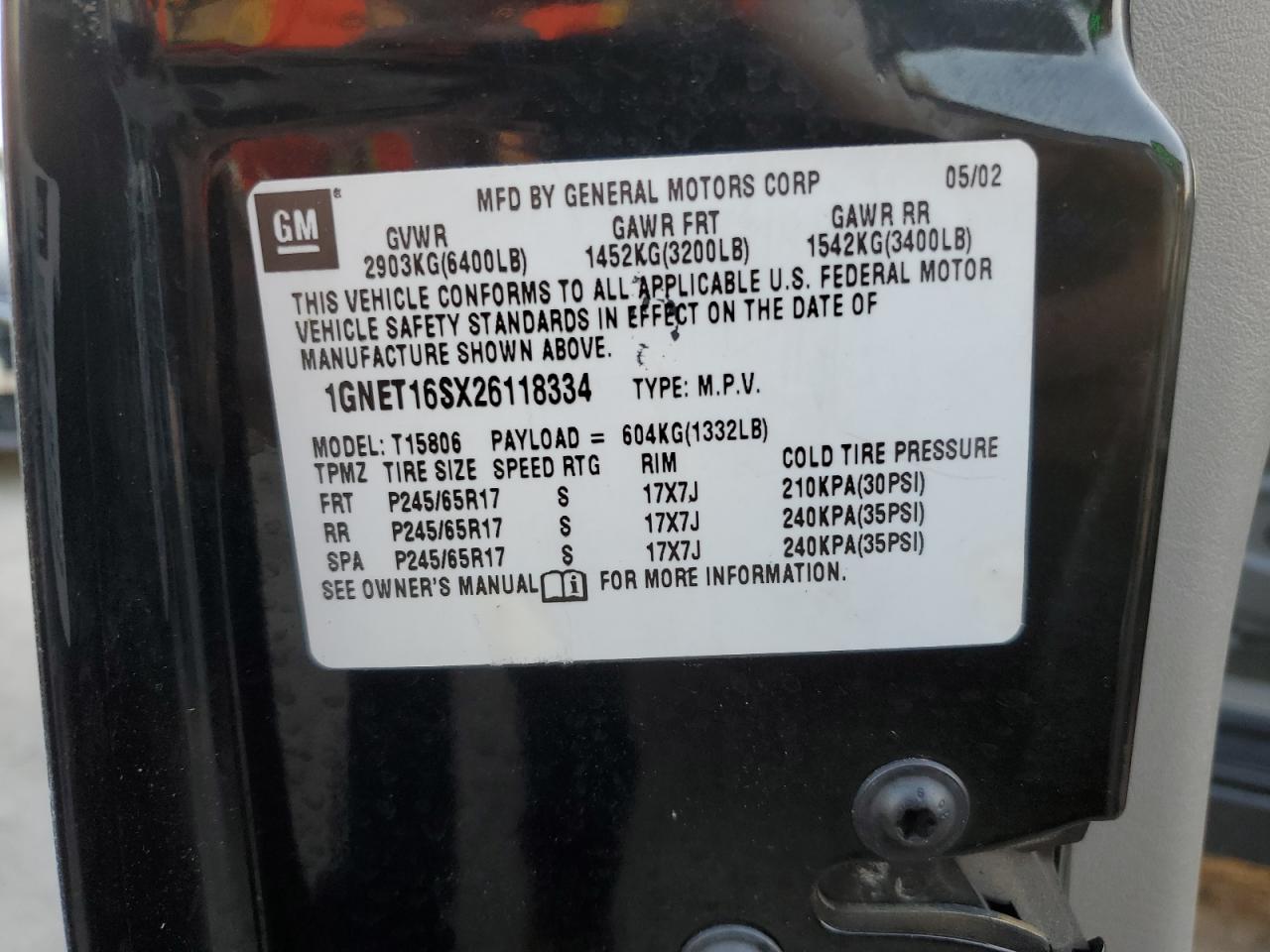 2002 Chevrolet Trailblazer Ext VIN: 1GNET16SX26118334 Lot: 82258555