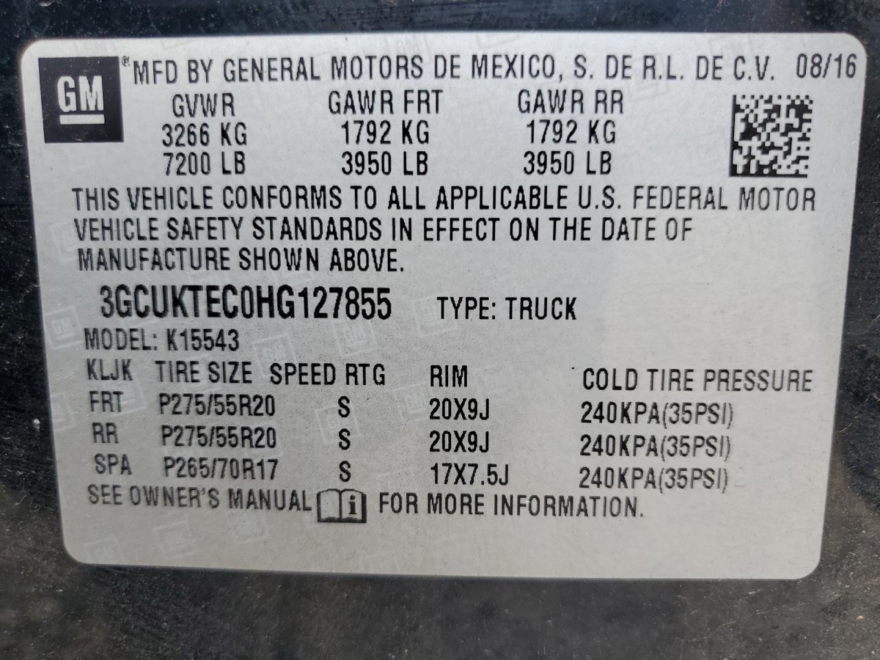 2017 Chevrolet Silverado K1500 High Country VIN: 3GCUKTEC0HG127855 Lot: 85125575