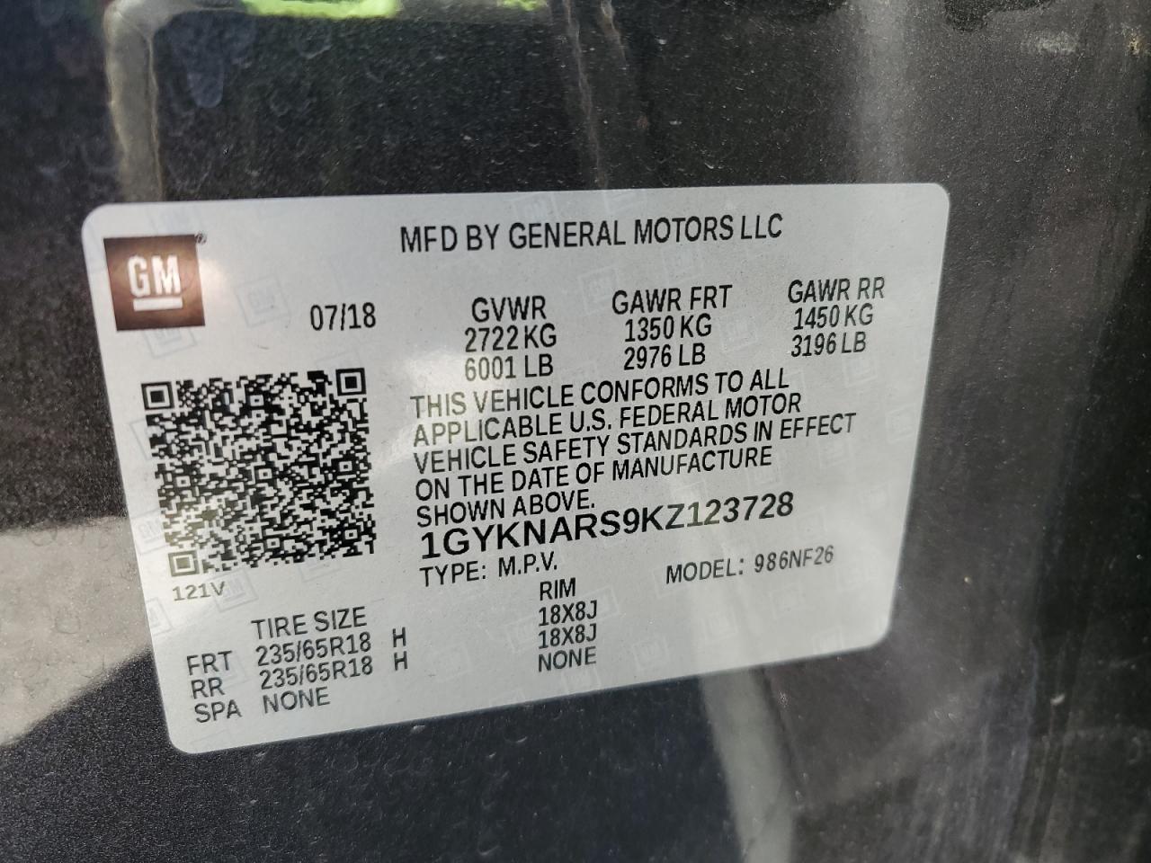 2019 Cadillac Xt5 VIN: 1GYKNARS9KZ123728 Lot: 82549665