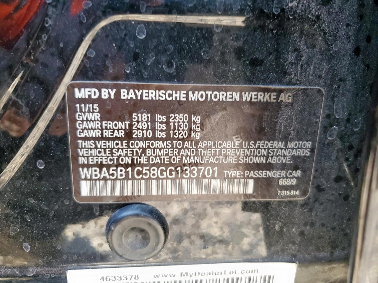 2016 BMW 535 I VIN: WBA5B1C58GG133701 Lot: 85584155