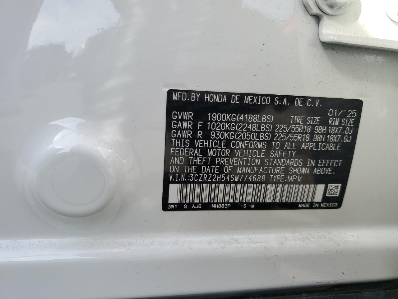 2025 Honda Hr-V Sport VIN: 3CZRZ2H54SM774688 Lot: 81490495