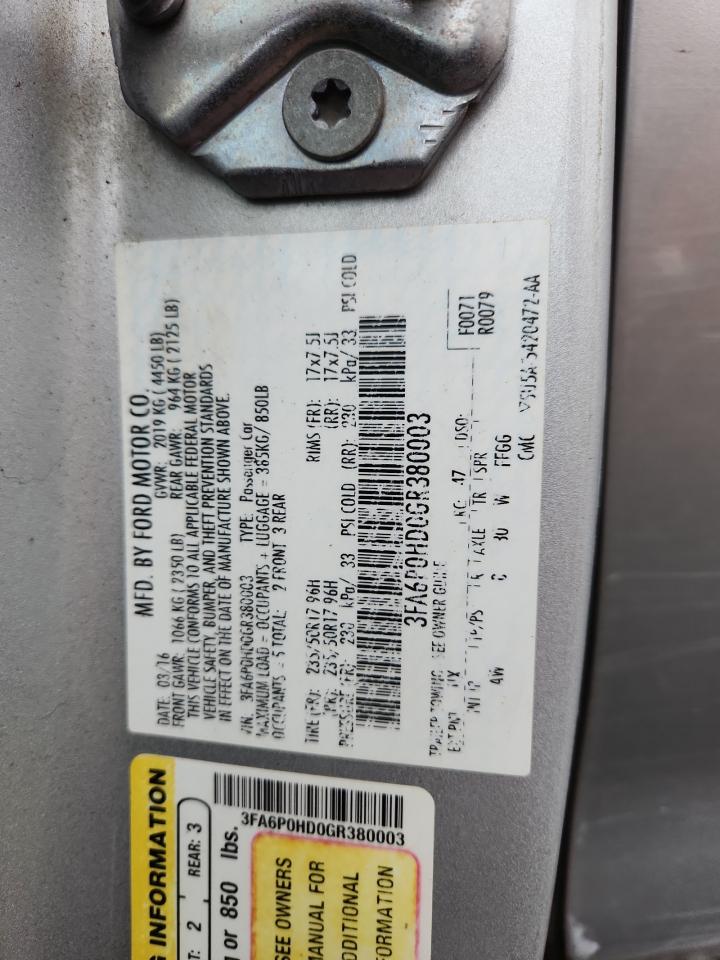 2016 Ford Fusion Se VIN: 3FA6P0HD0GR380003 Lot: 86122075