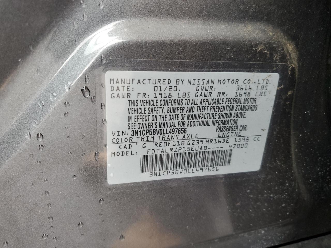 2020 Nissan Kicks S VIN: 3N1CP5BV0LL497656 Lot: 85555775