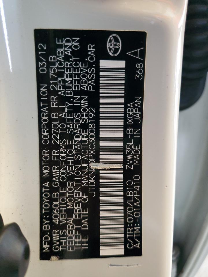 2012 Toyota Prius Plug-In VIN: JTDKN3DPXC3008192 Lot: 86148955