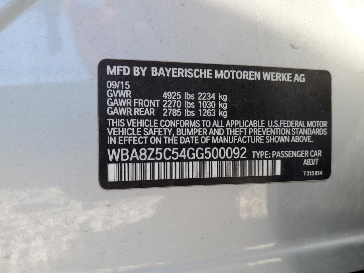 2016 BMW 328 Xigt Sulev VIN: WBA8Z5C54GG500092 Lot: 85159995