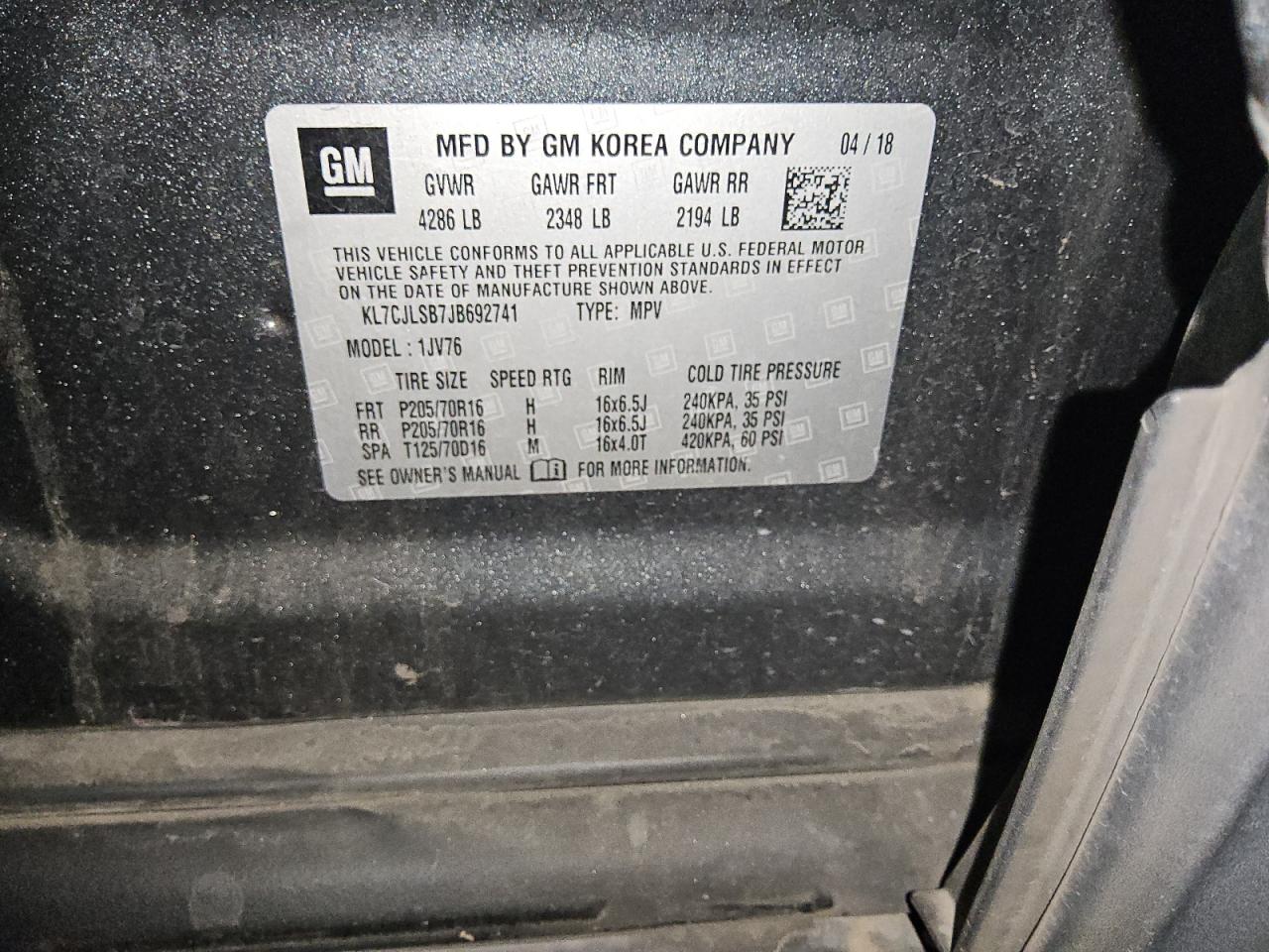 2018 Chevrolet Trax 1Lt VIN: KL7CJLSB7JB692741 Lot: 85289045