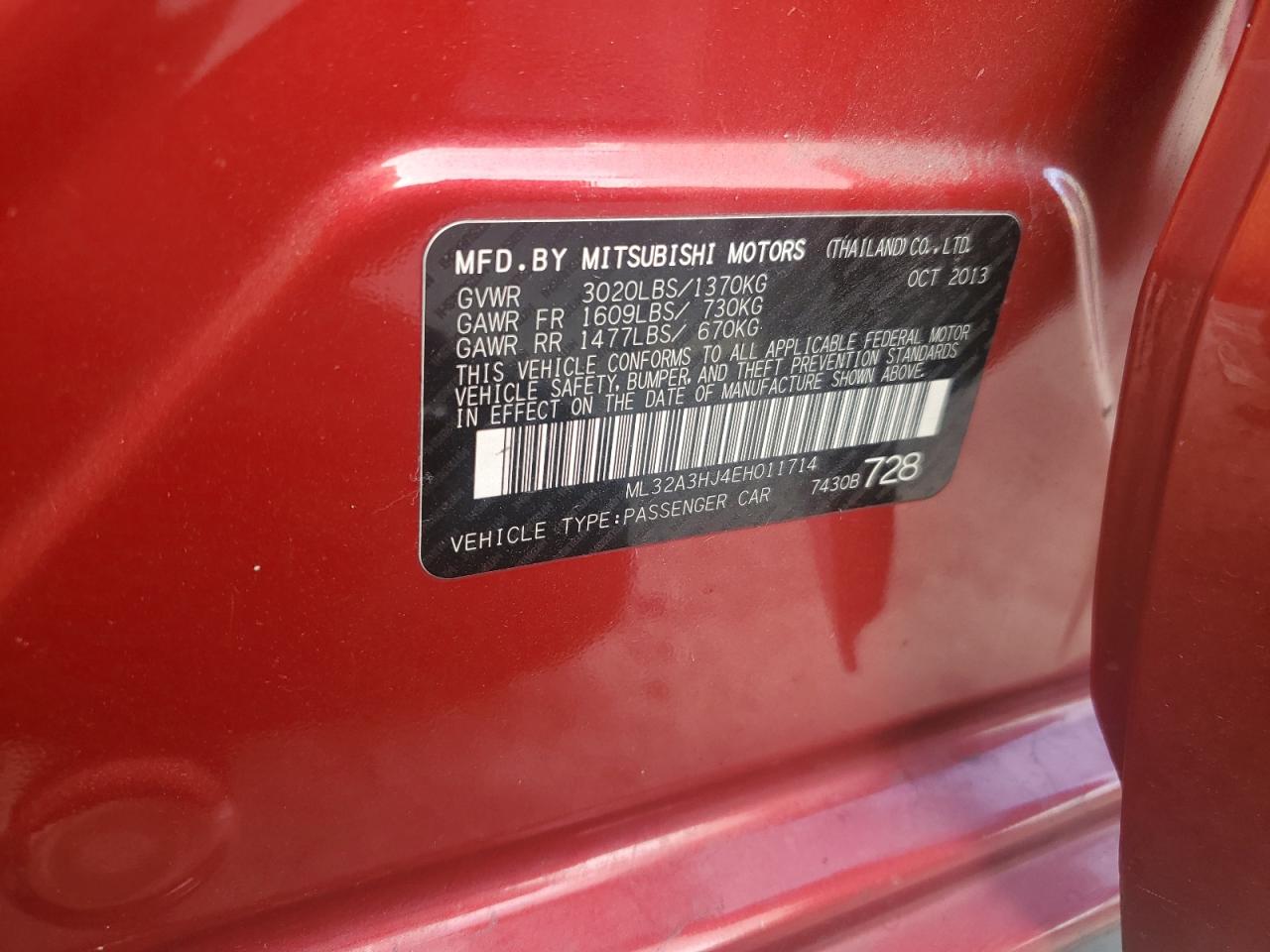 2014 Mitsubishi Mirage De VIN: ML32A3HJ4EH011714 Lot: 82787025