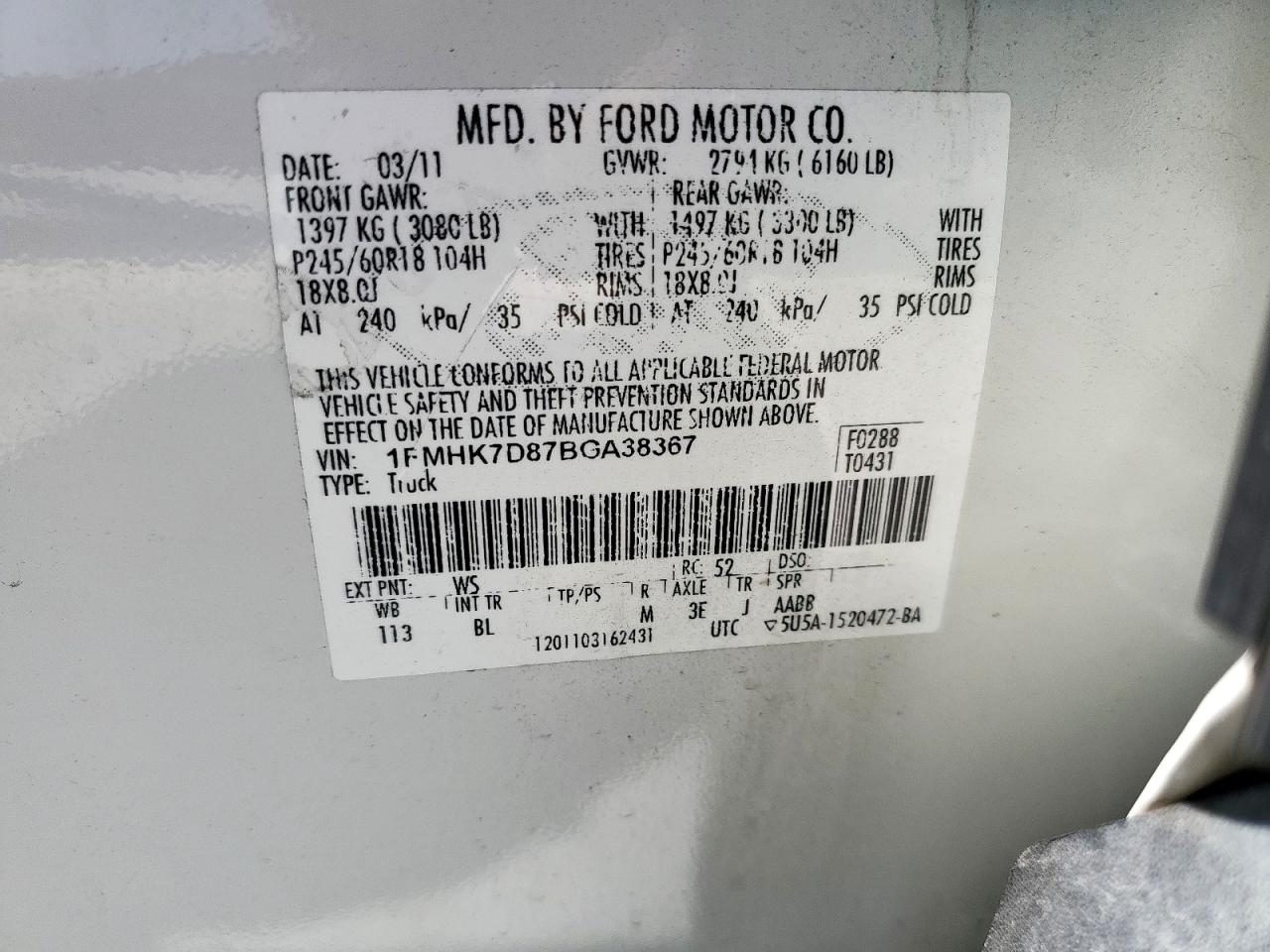 2011 Ford Explorer Xlt VIN: 1FMHK7D87BGA38367 Lot: 81983325