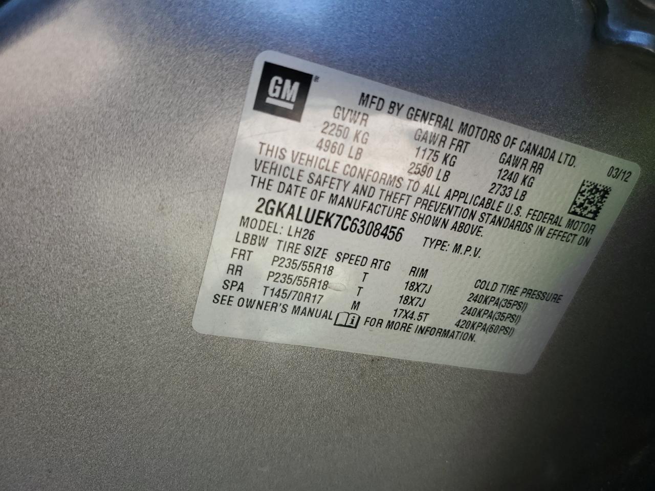 2012 GMC Terrain Slt VIN: 2GKALUEK7C6308456 Lot: 82424345