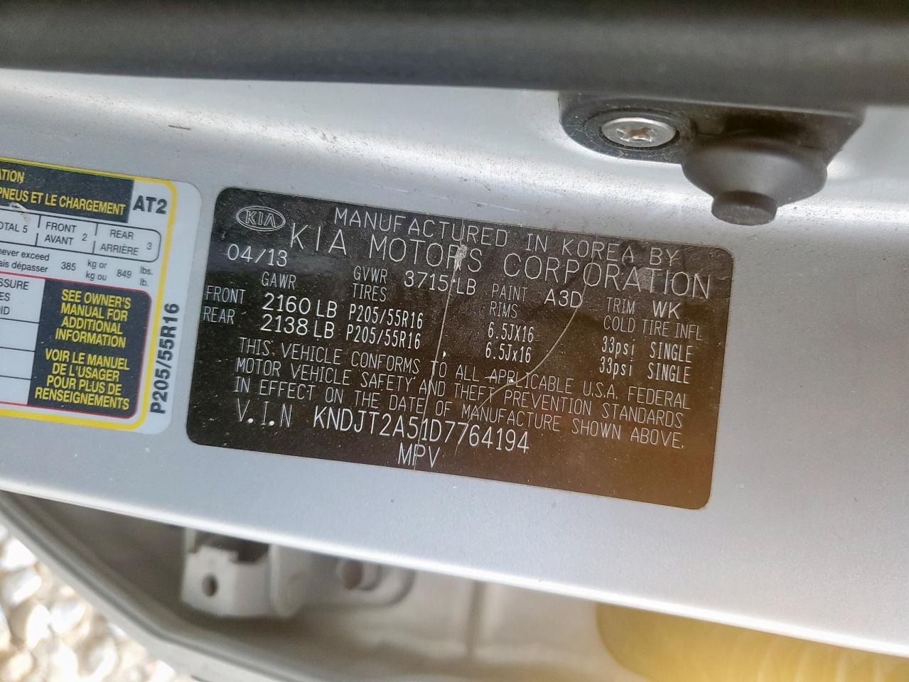 2013 Kia Soul VIN: KNDJT2A51D7764194 Lot: 85675175