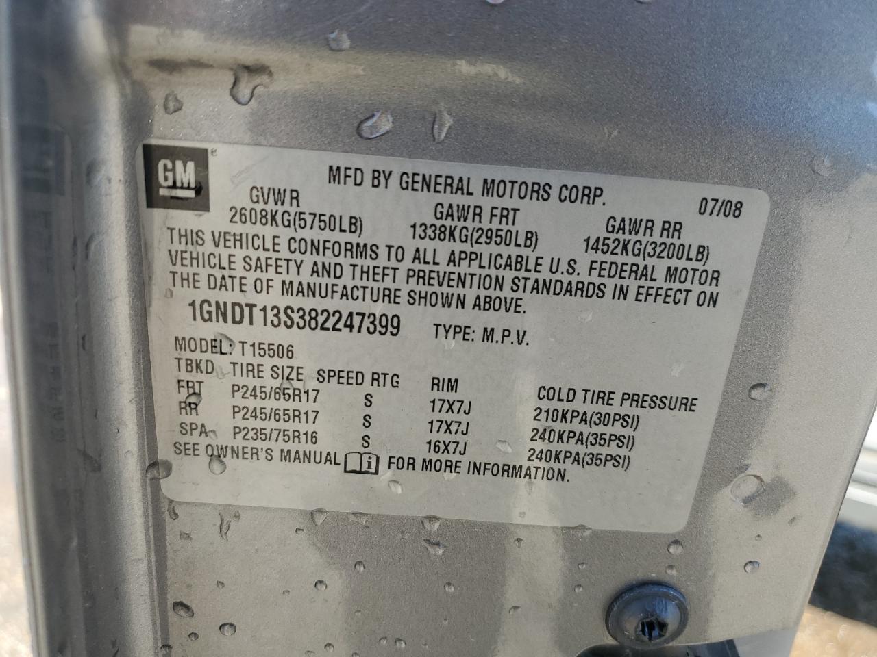 2008 Chevrolet Trailblazer Ls VIN: 1GNDT13S382247399 Lot: 84780485