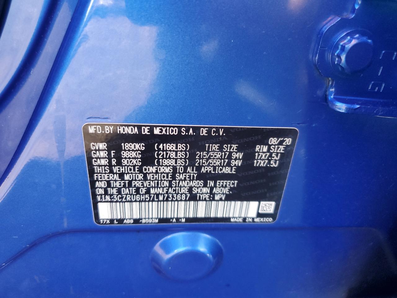 2020 Honda Hr-V Ex VIN: 3CZRU6H57LM733687 Lot: 82299135