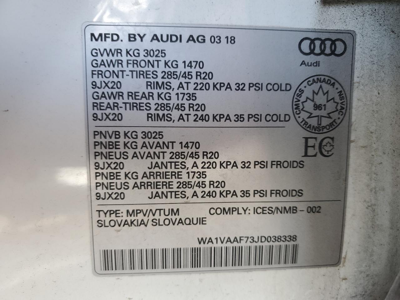 2018 Audi Q7 Prestige VIN: WA1VAAF73JD038338 Lot: 85356535