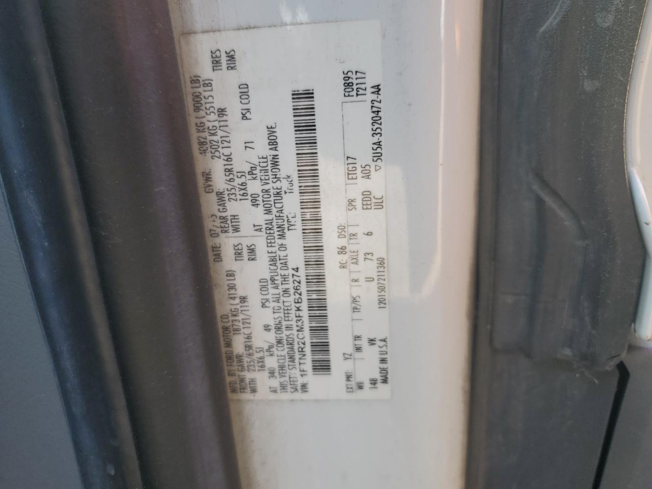 2015 Ford Transit T-250 VIN: 1FTNR2CM3FKB26274 Lot: 85677825