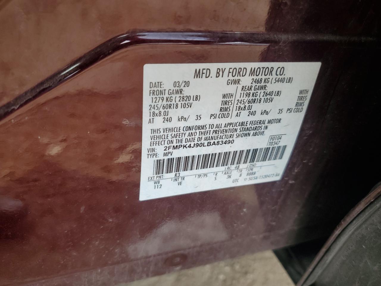 2020 Ford Edge Sel VIN: 2FMPK4J90LBA83490 Lot: 87364525