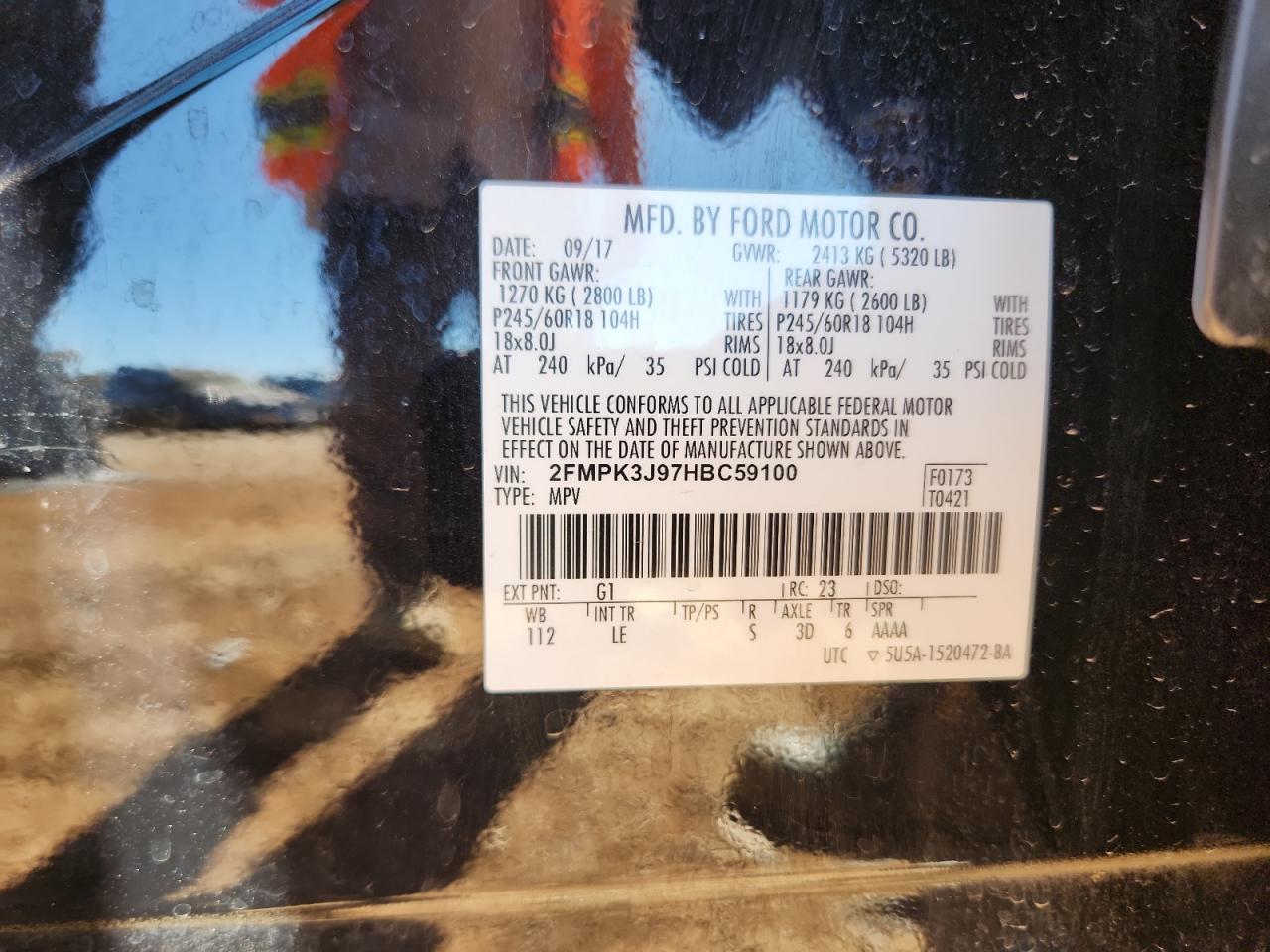 2017 Ford Edge Sel VIN: 2FMPK3J97HBC59100 Lot: 86666995