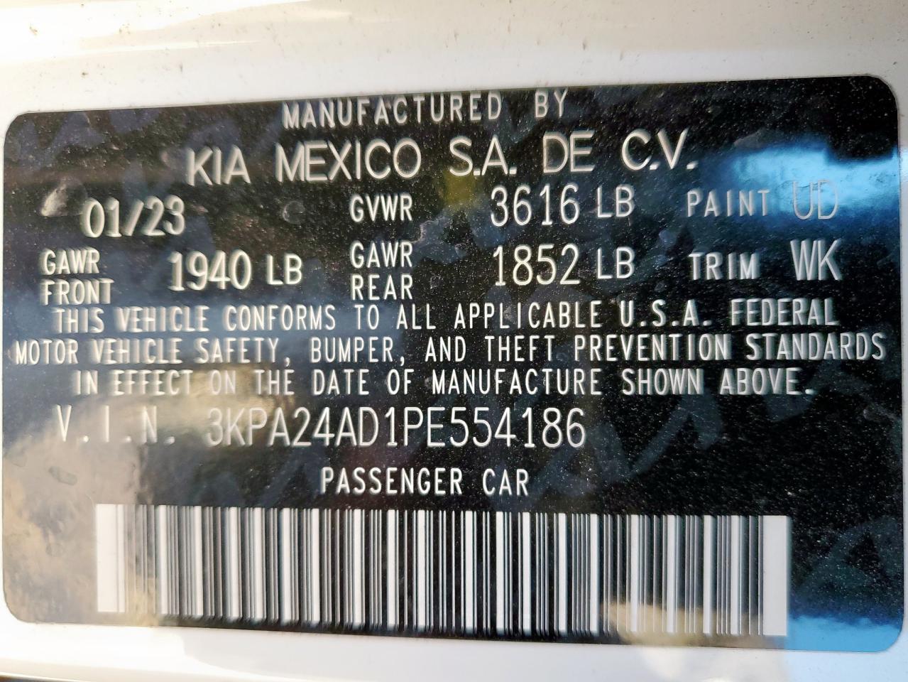 2023 Kia Rio Lx VIN: 3KPA24AD1PE554186 Lot: 82339305