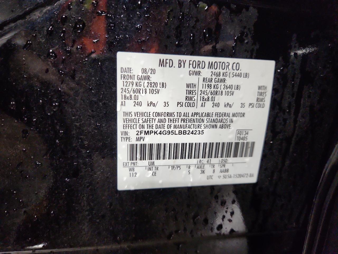 2020 Ford Edge Se VIN: 2FMPK4G95LBB24235 Lot: 84480085