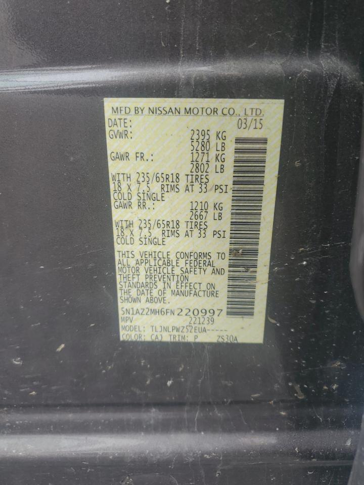 2015 Nissan Murano S VIN: 5N1AZ2MH6FN220997 Lot: 85514435