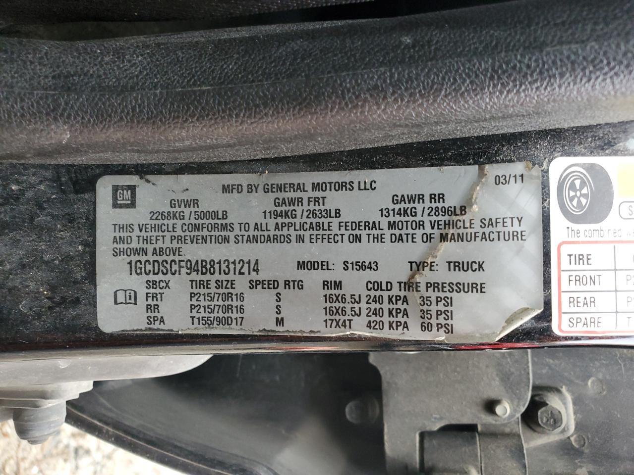 2011 Chevrolet Colorado Lt VIN: 1GCDSCF94B8131214 Lot: 90111245