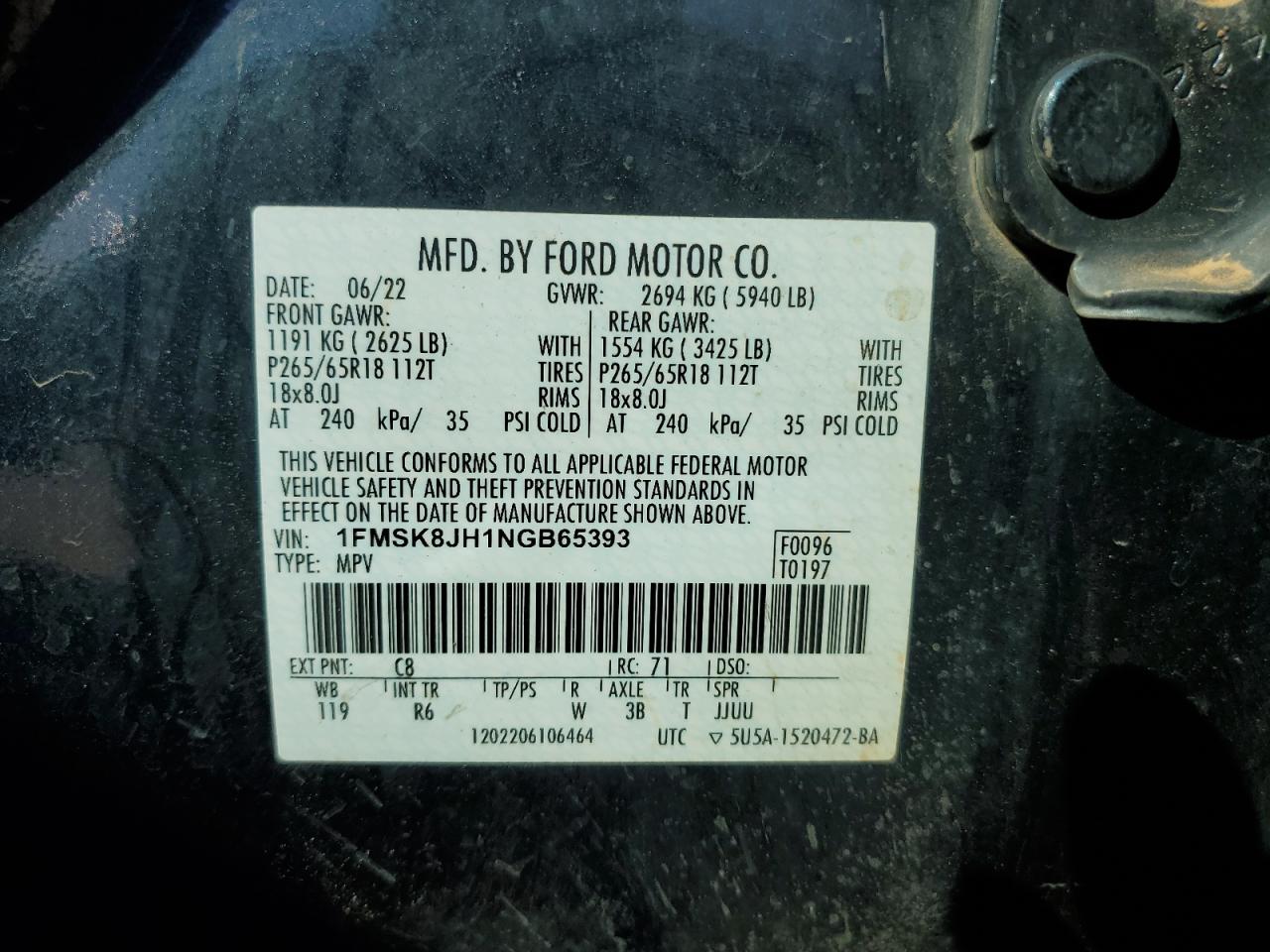 2022 Ford Explorer Timberline VIN: 1FMSK8JH1NGB65393 Lot: 85146825