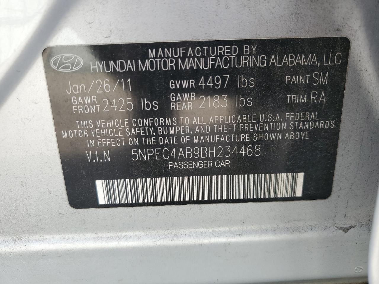 2011 Hyundai Sonata Se VIN: 5NPEC4AB9BH234468 Lot: 82407485