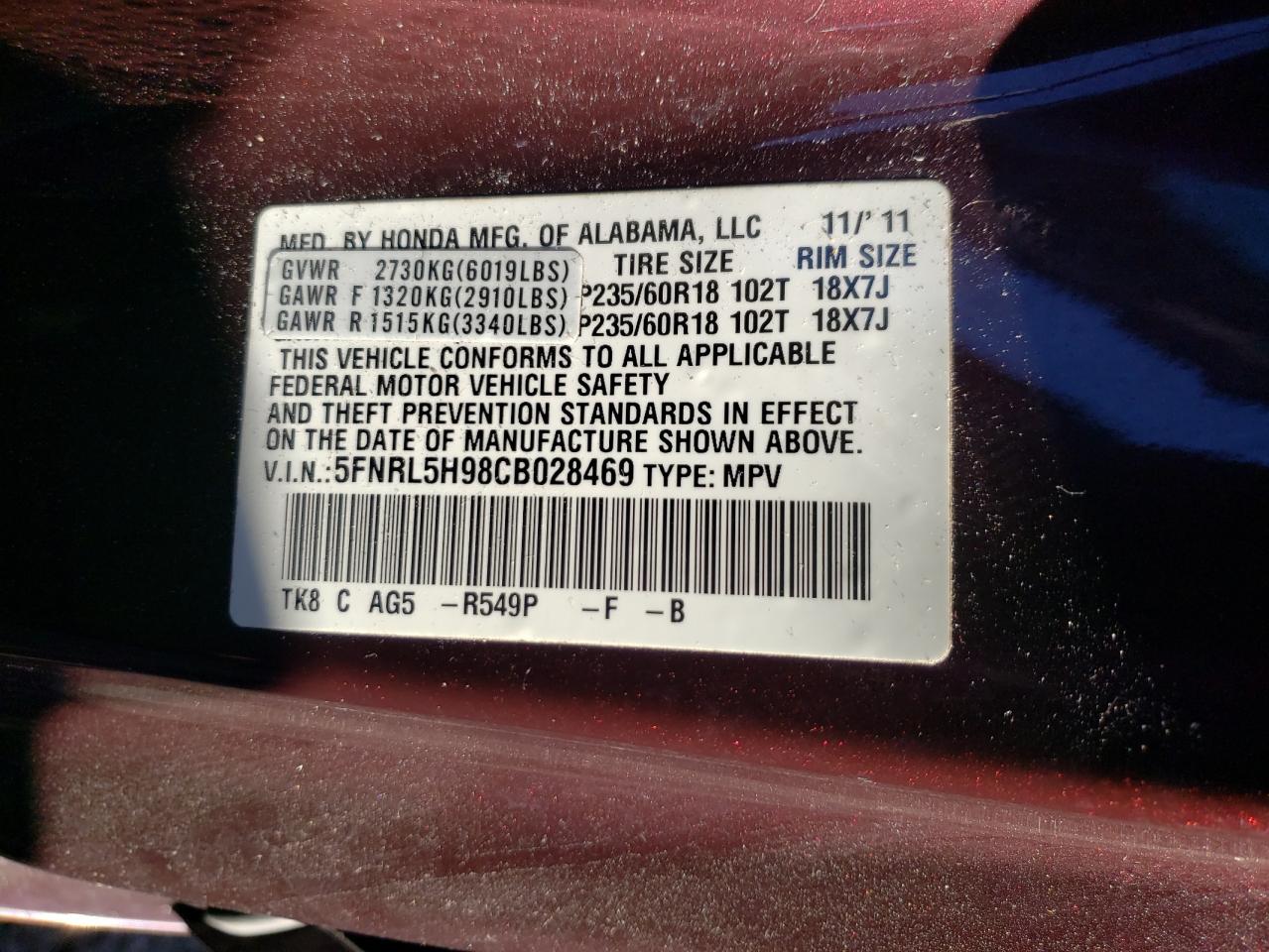 2012 Honda Odyssey Touring VIN: 5FNRL5H98CB028469 Lot: 85870435