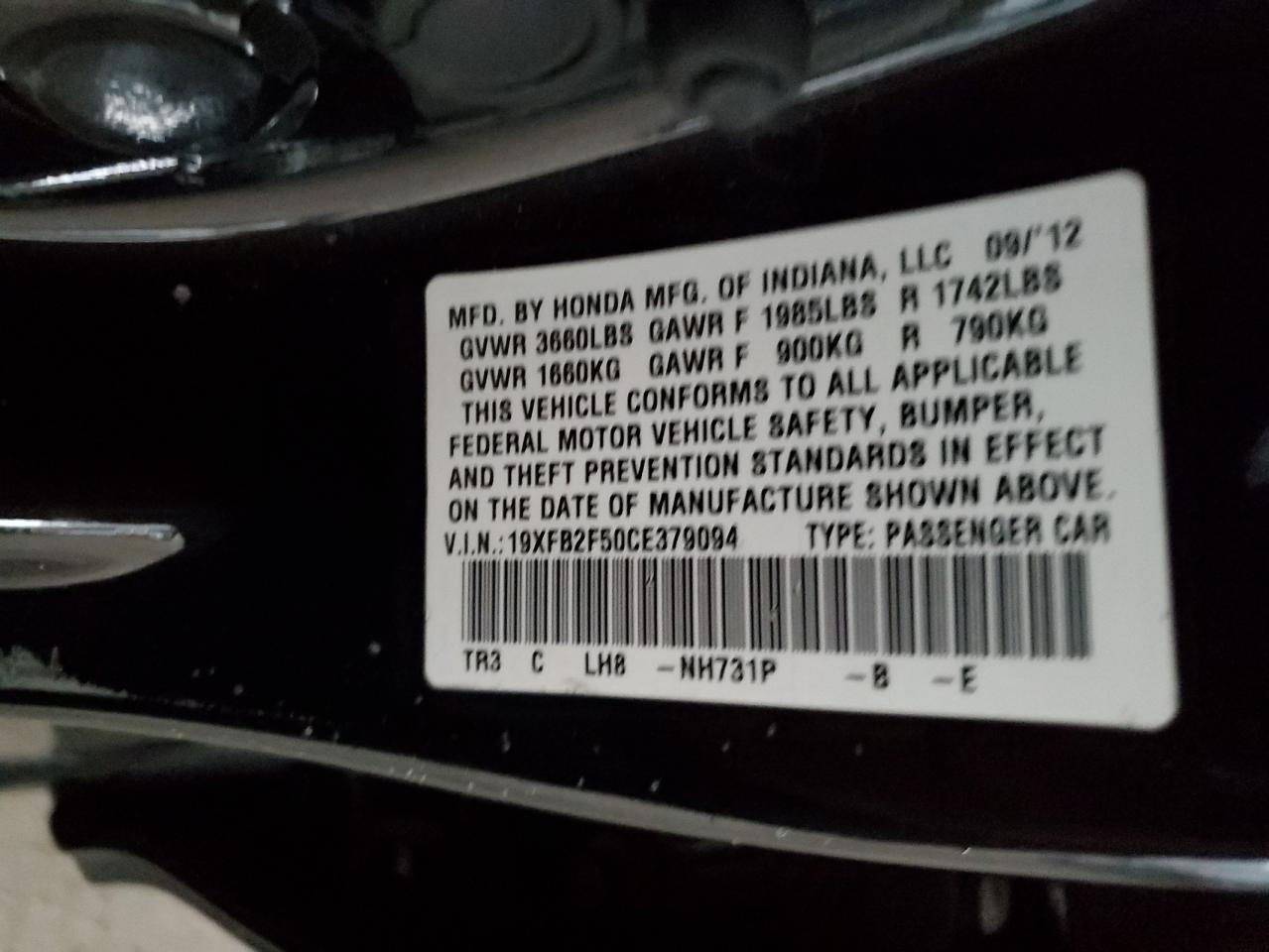 2012 Honda Civic Lx VIN: 19XFB2F50CE379094 Lot: 86117645