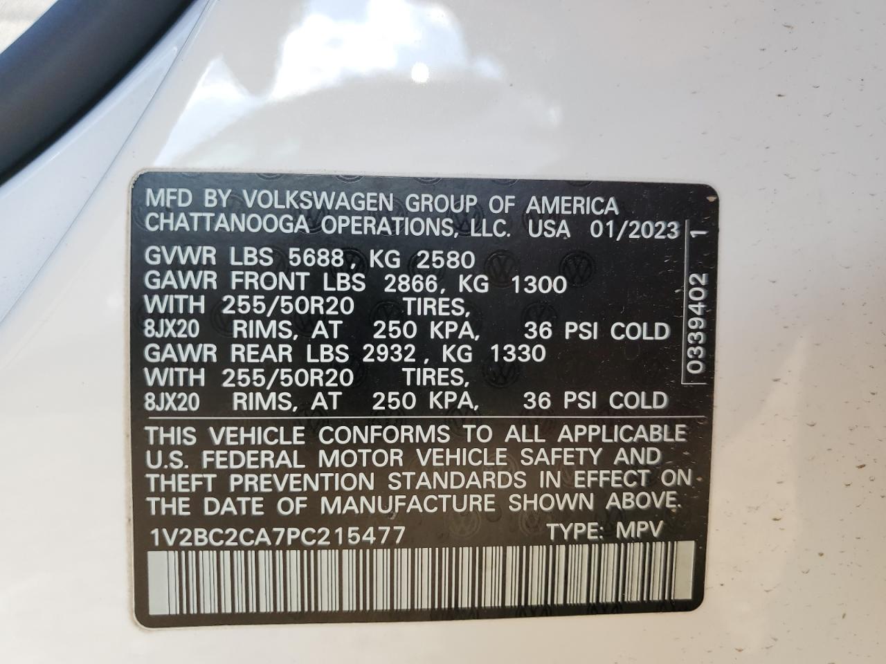 2023 Volkswagen Atlas Cross Sport Sel VIN: 1V2BC2CA7PC215477 Lot: 86226105