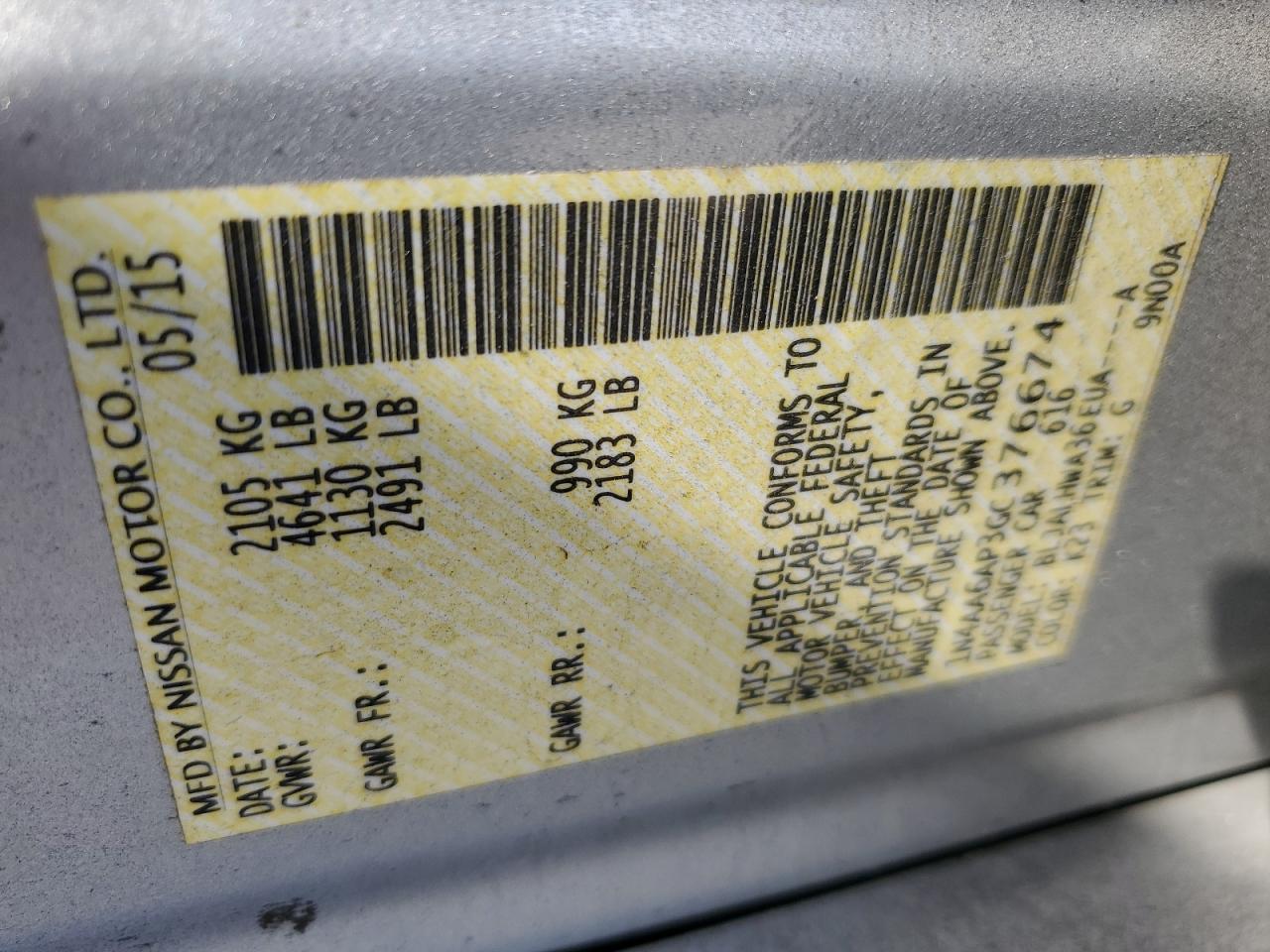 2016 Nissan Maxima 3.5S VIN: 1N4AA6AP3GC376674 Lot: 90786835