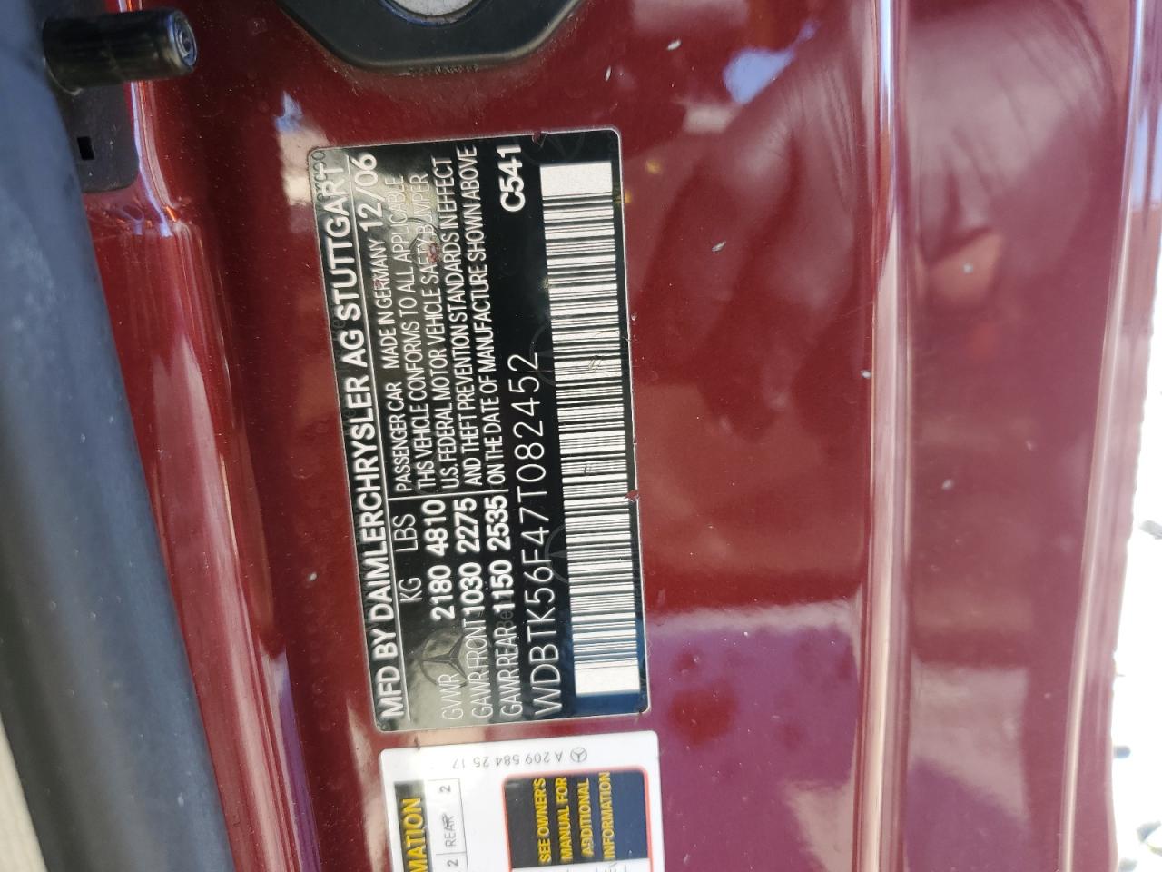 2007 Mercedes-Benz Clk 350 VIN: WDBTK56F47T082452 Lot: 82721765