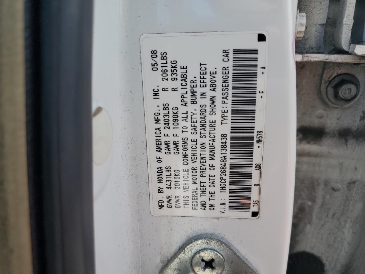 2008 Honda Accord Exl VIN: 1HGCP26848A138438 Lot: 85820975