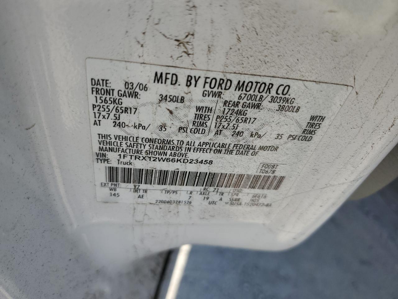 2006 Ford F150 VIN: 1FTRX12W66KD23458 Lot: 85580675
