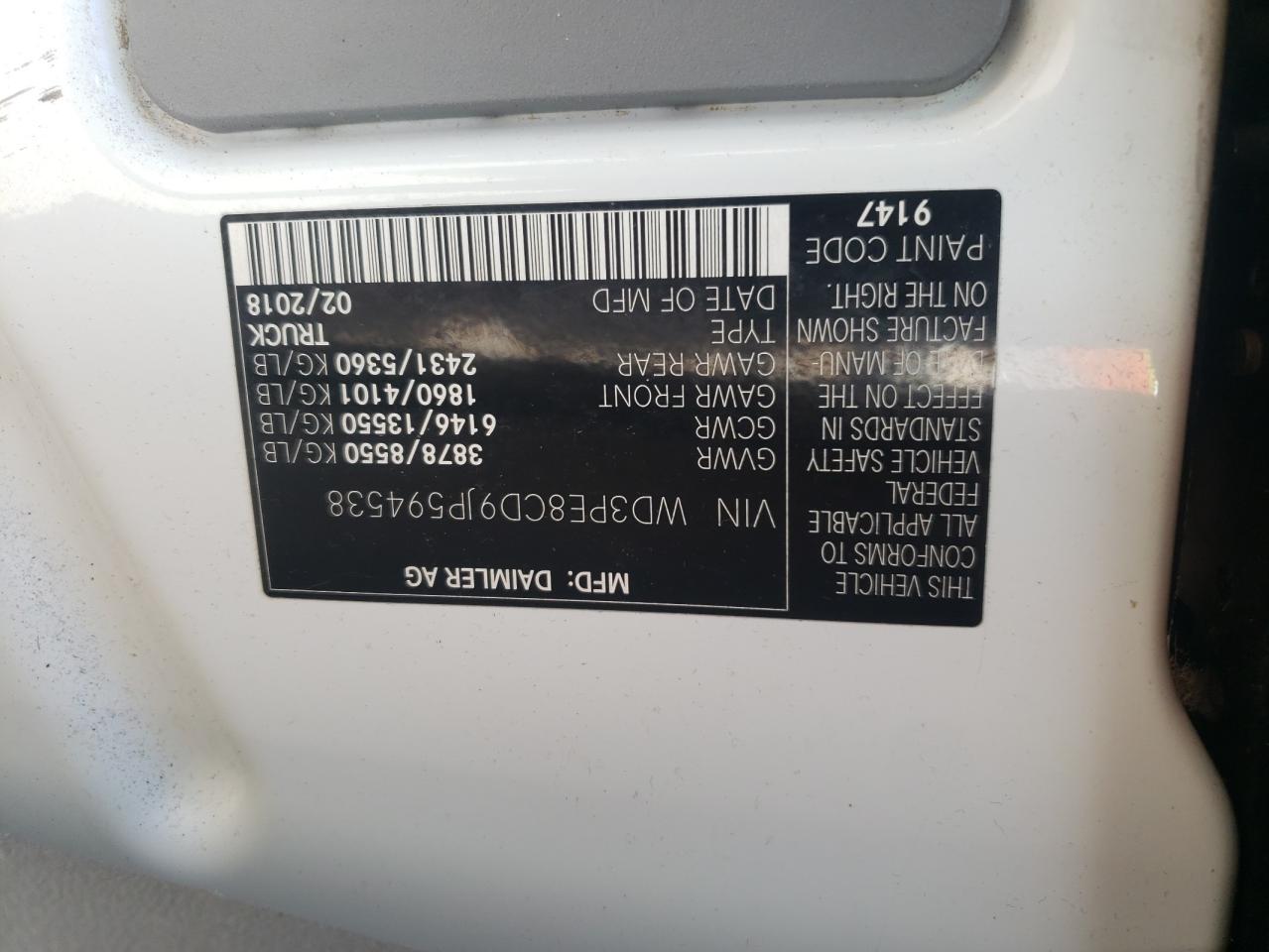 2018 Mercedes-Benz Sprinter 2500 VIN: WD3PE8CD9JP594538 Lot: 85333545