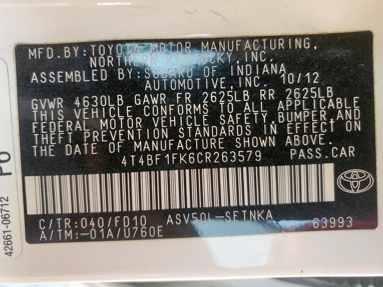 2012 Toyota Camry Base VIN: 4T4BF1FK6CR263579 Lot: 85306895