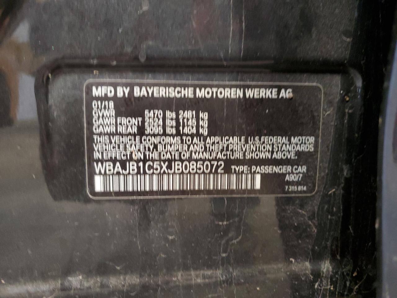 2018 BMW 530Xe VIN: WBAJB1C5XJB085072 Lot: 86132615