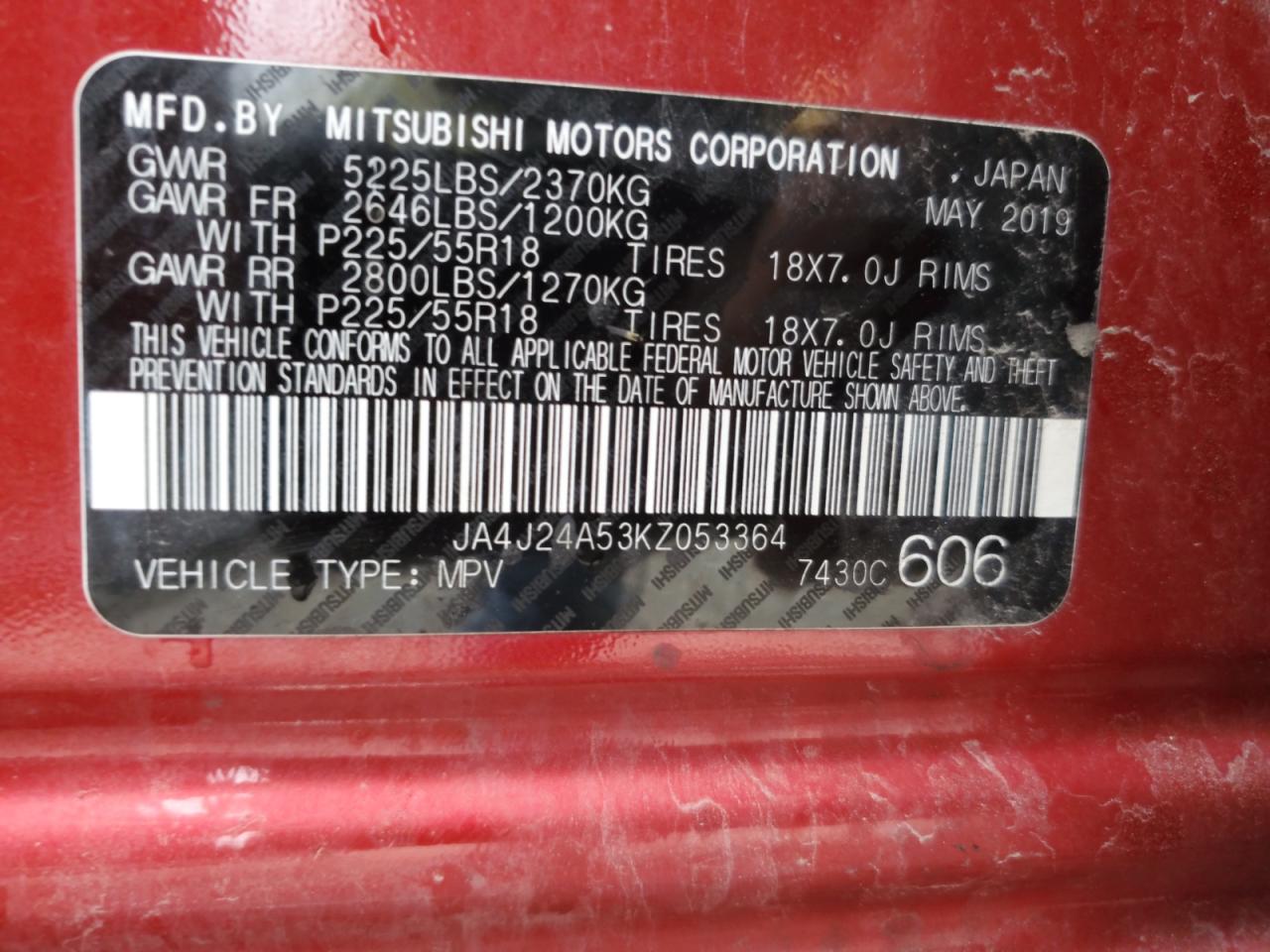 2019 Mitsubishi Outlander Sel VIN: JA4J24A53KZ053364 Lot: 86070845